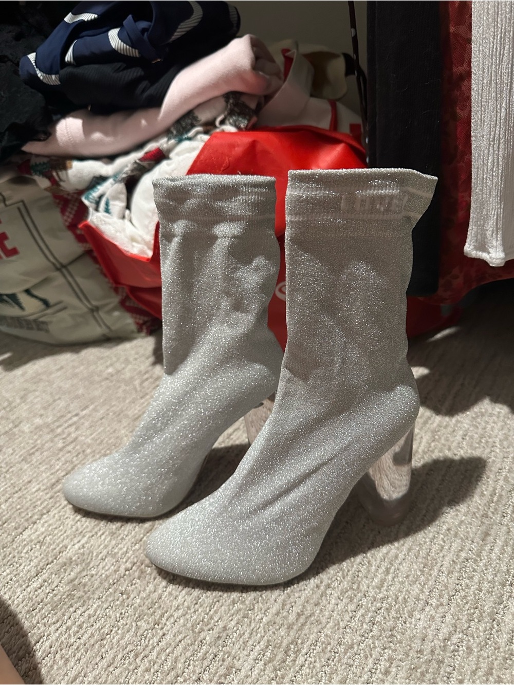 Aldo Silver Glitter Sock Boots with Clear Block Heel